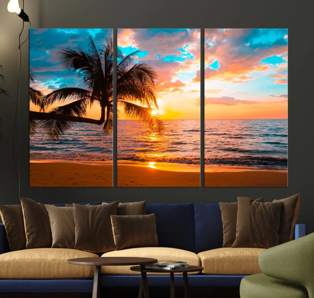 Palm Tree Sunset On The Beach Wall Art Canvas Print