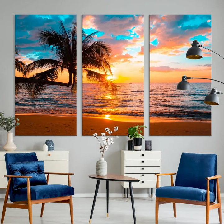 Palm Tree Sunset On The Beach Wall Art Canvas Print