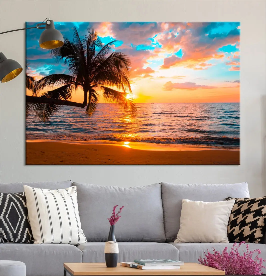 Palm Tree Sunset On The Beach Wall Art Canvas Print