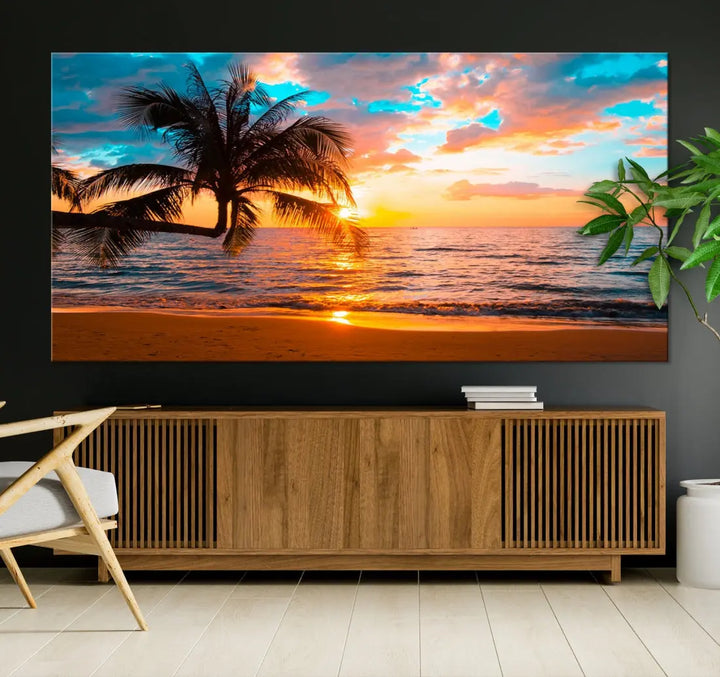 Palm Tree Sunset On The Beach Wall Art Canvas Print