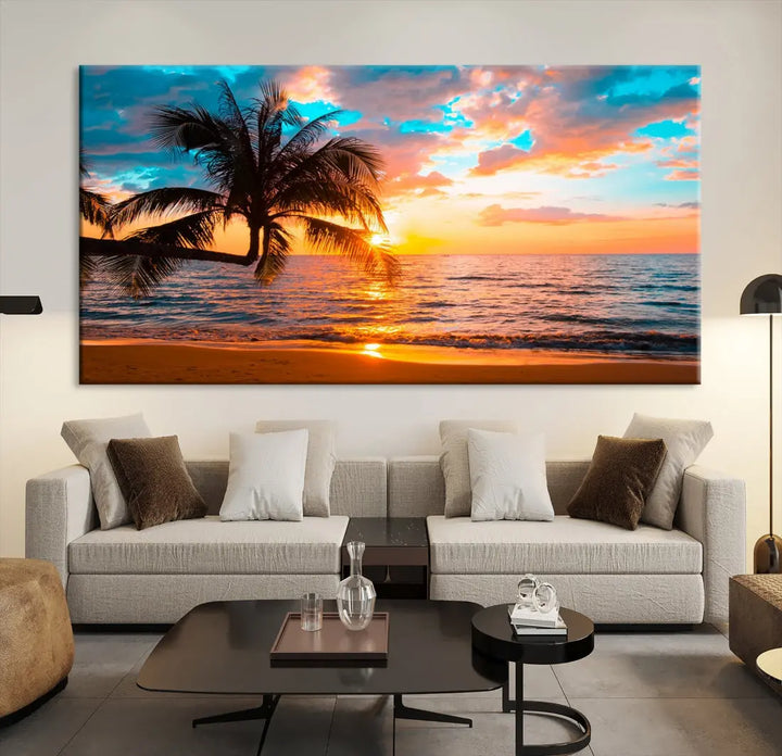 Palm Tree Sunset On The Beach Wall Art Canvas Print