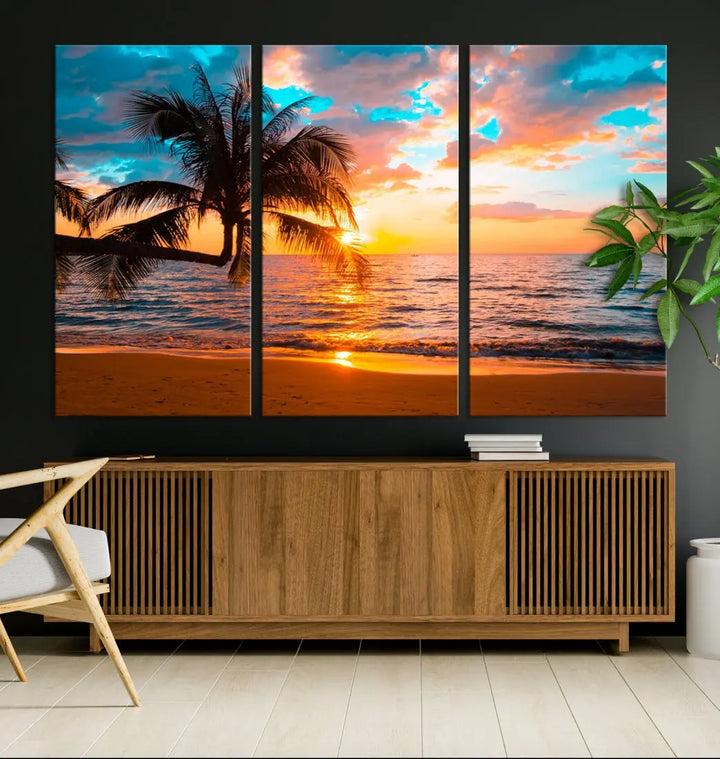 Palm Tree Sunset On The Beach Wall Art Canvas Print