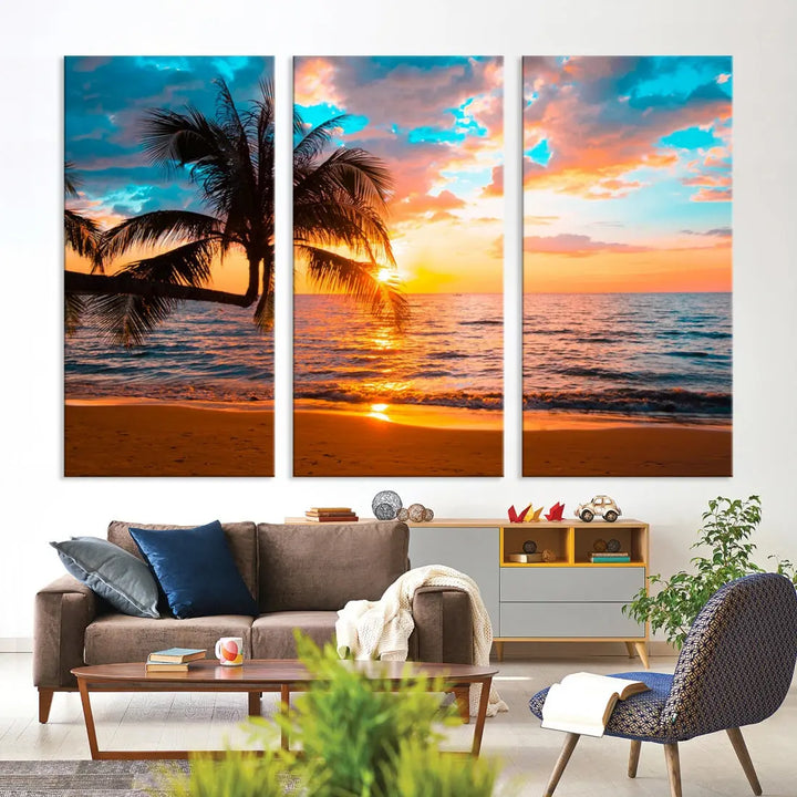 Palm Tree Sunset On The Beach Wall Art Canvas Print