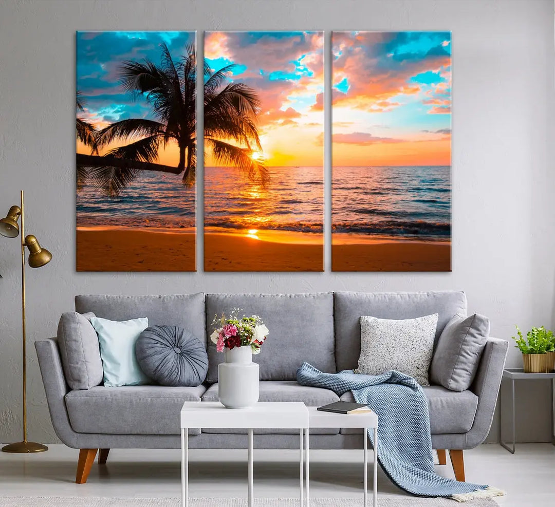 Palm Tree Sunset On The Beach Wall Art Canvas Print