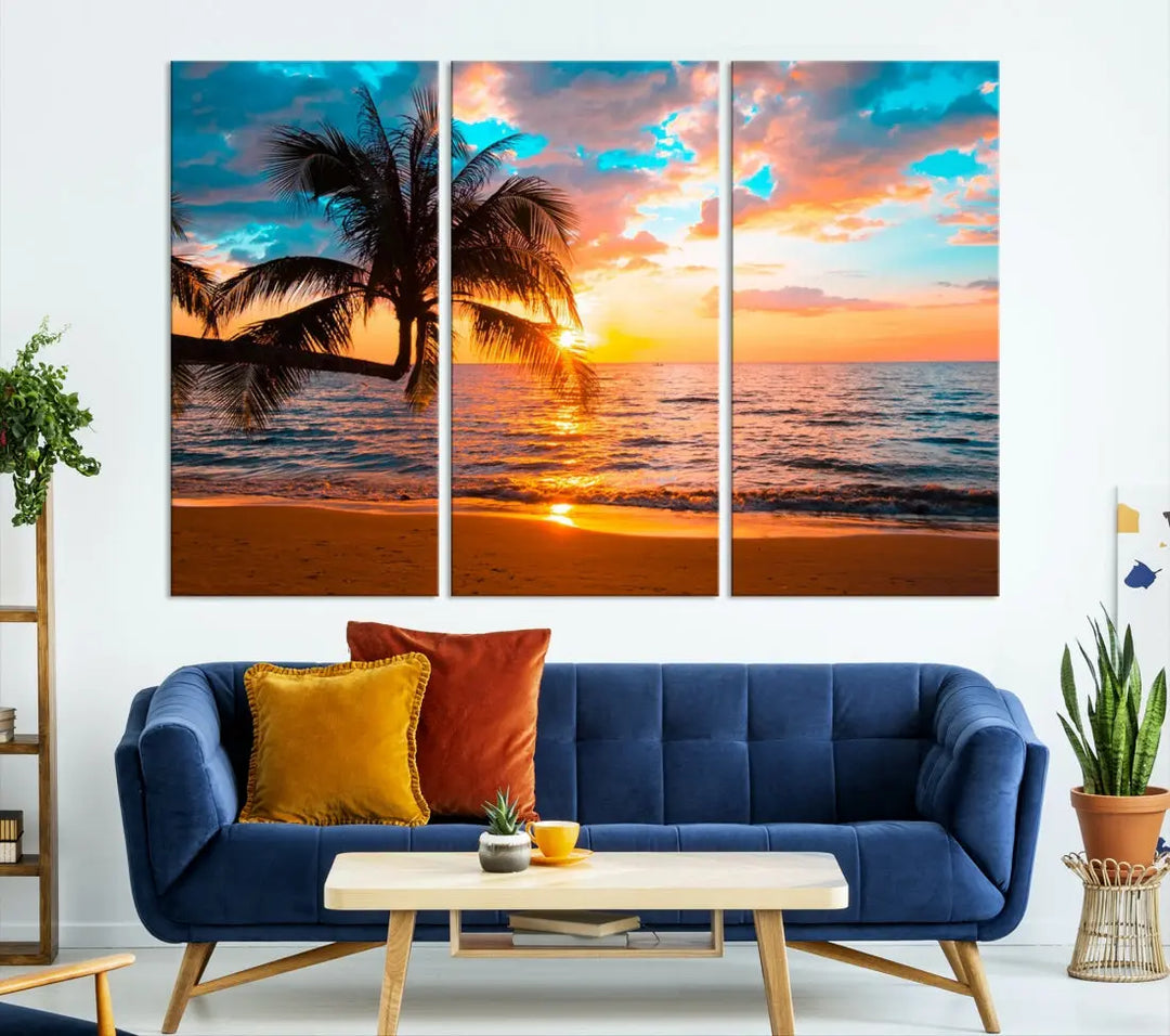 Palm Tree Sunset On The Beach Wall Art Canvas Print