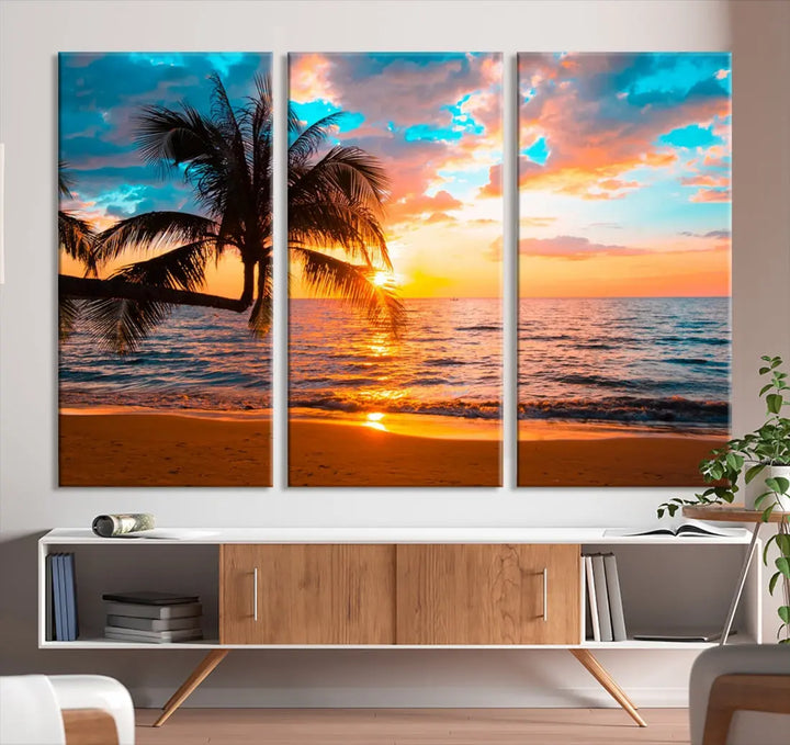 Palm Tree Sunset On The Beach Wall Art Canvas Print