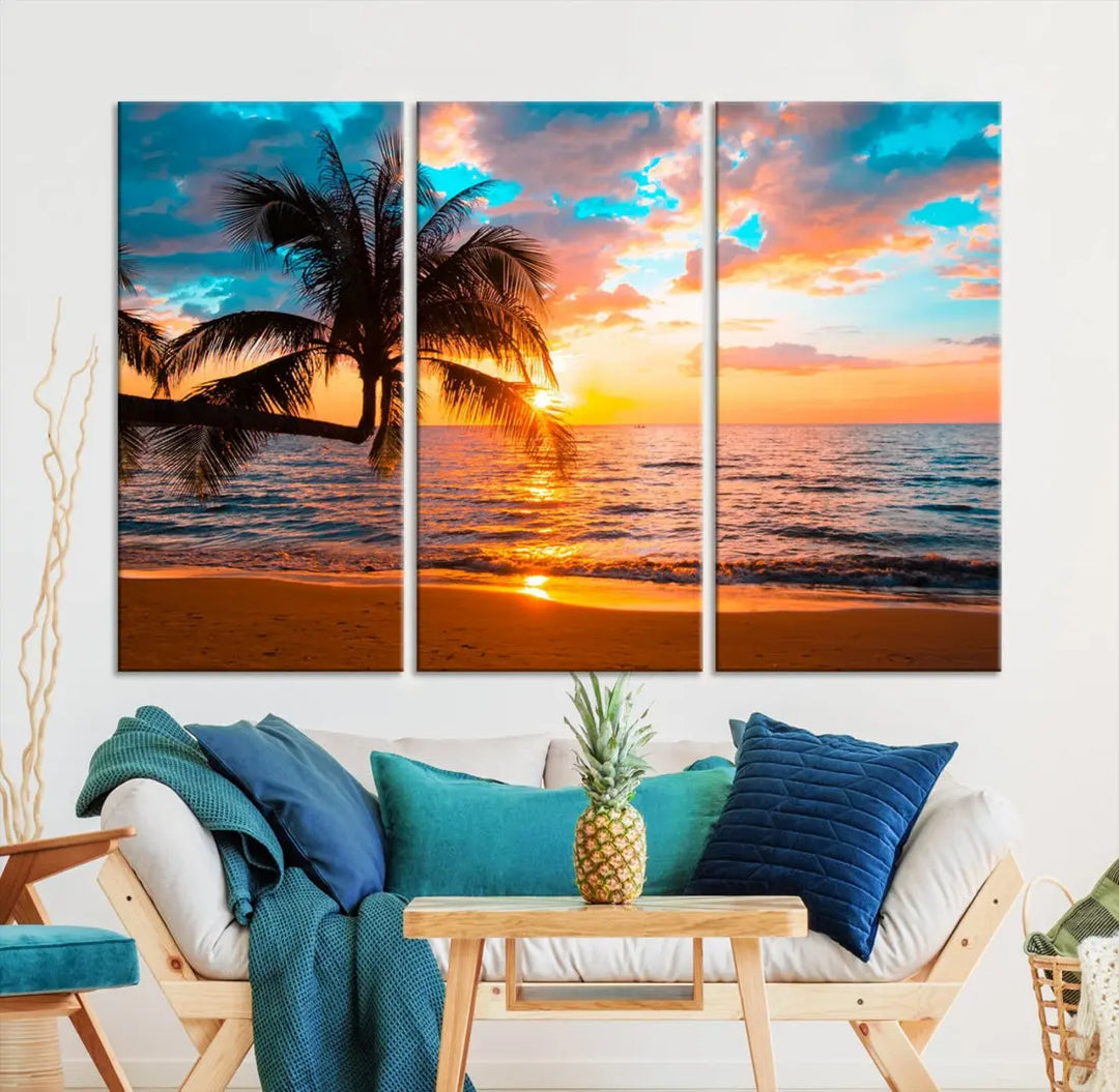 Palm Tree Sunset On The Beach Wall Art Canvas Print