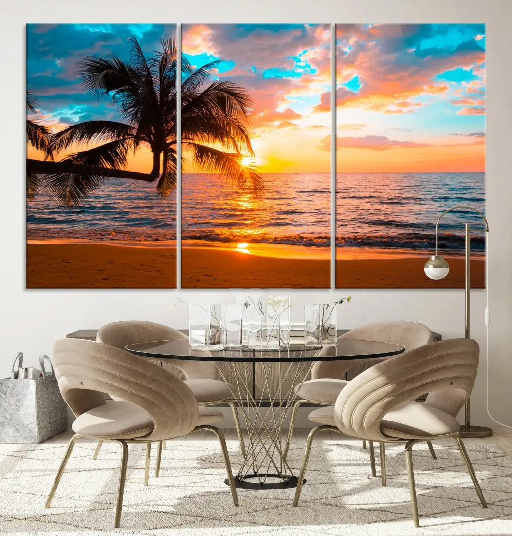 Palm Tree Sunset On The Beach Wall Art Canvas Print