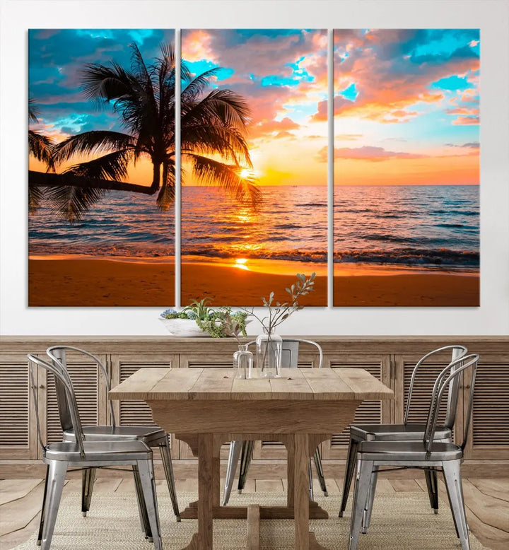 Palm Tree Sunset On The Beach Wall Art Canvas Print