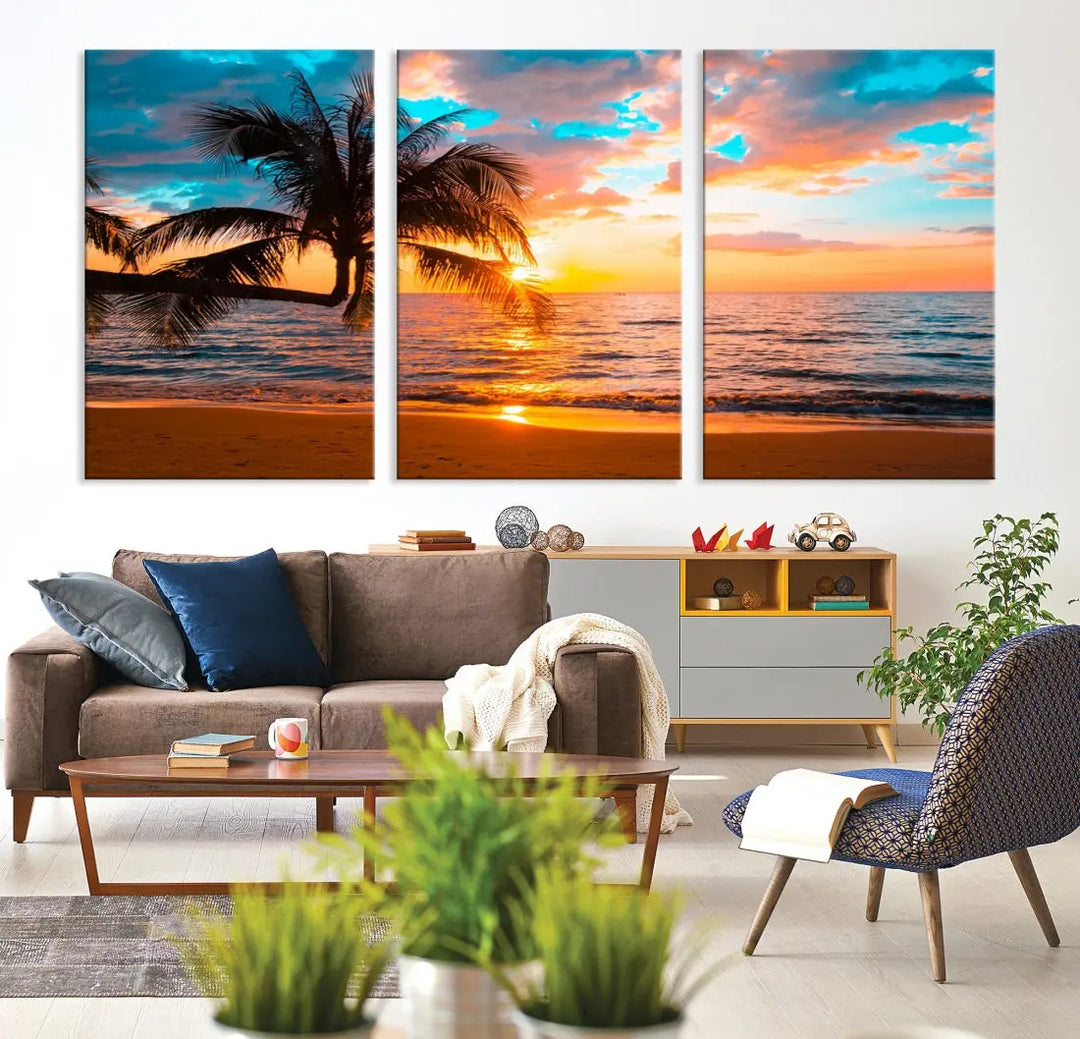 Palm Tree Sunset On The Beach Wall Art Canvas Print