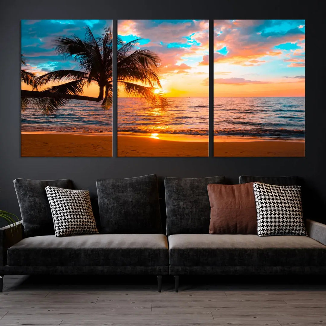 Palm Tree Sunset On The Beach Wall Art Canvas Print