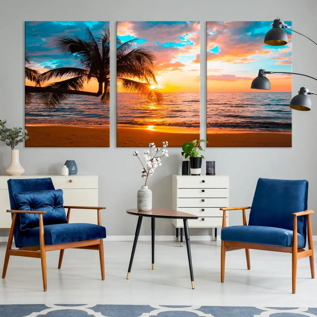 Palm Tree Sunset On The Beach Wall Art Canvas Print