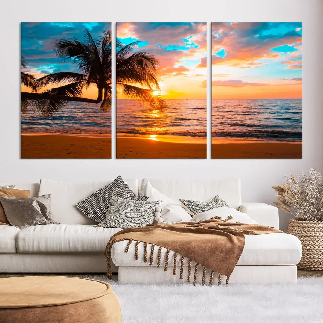 Palm Tree Sunset On The Beach Wall Art Canvas Print