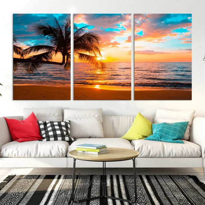 Palm Tree Sunset On The Beach Wall Art Canvas Print