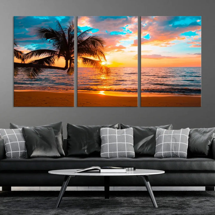 Palm Tree Sunset On The Beach Wall Art Canvas Print