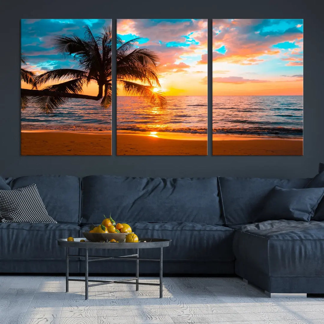 Palm Tree Sunset On The Beach Wall Art Canvas Print