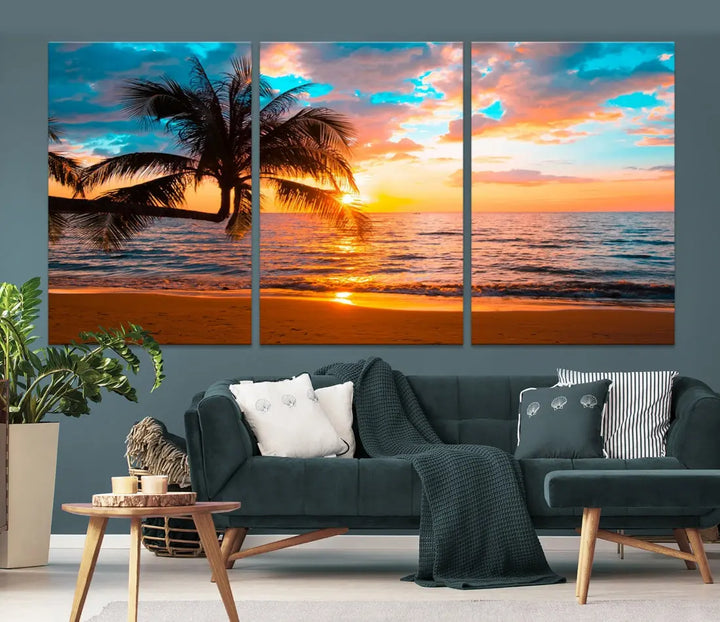 Palm Tree Sunset On The Beach Wall Art Canvas Print