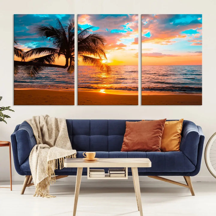 Palm Tree Sunset On The Beach Wall Art Canvas Print