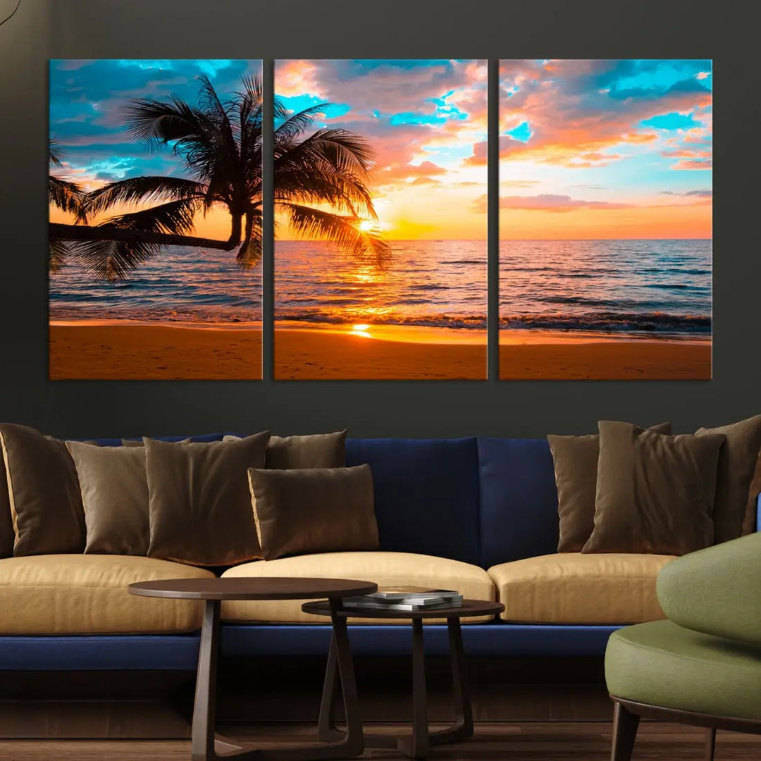 Palm Tree Sunset On The Beach Wall Art Canvas Print