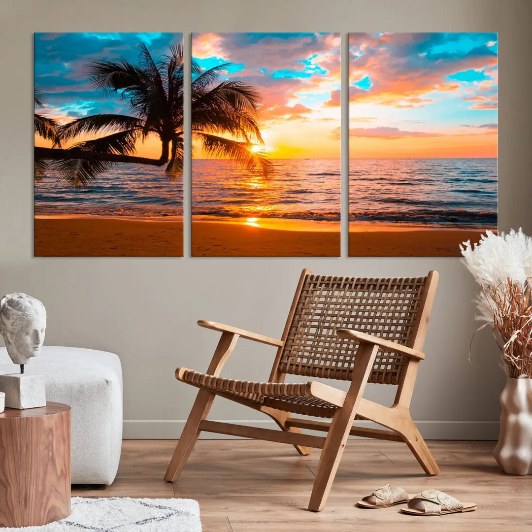 Palm Tree Sunset On The Beach Wall Art Canvas Print