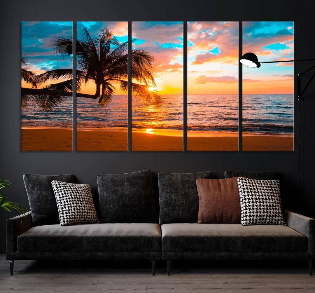 Palm Tree Sunset On The Beach Wall Art Canvas Print