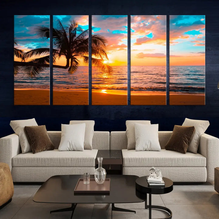 Palm Tree Sunset On The Beach Wall Art Canvas Print