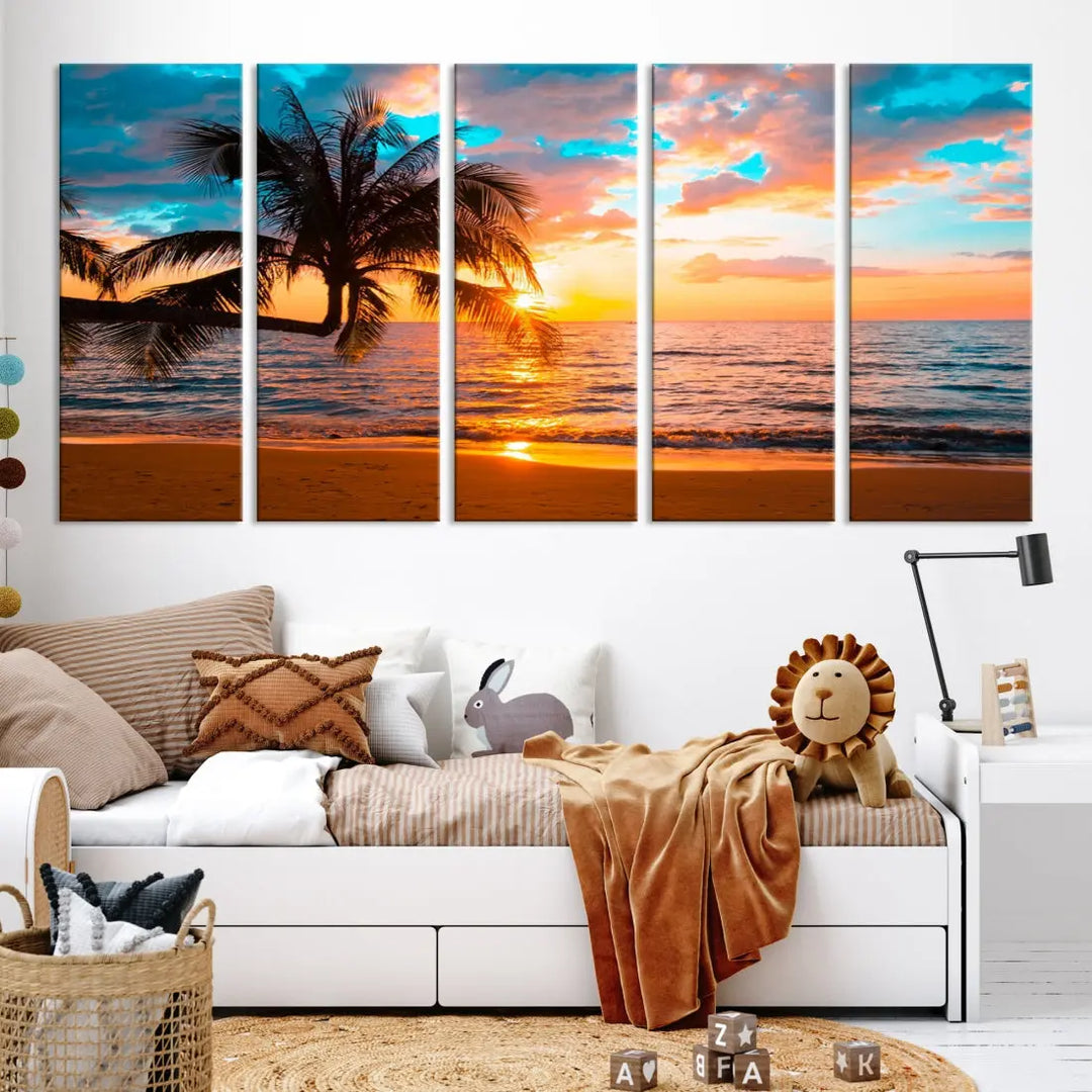 Palm Tree Sunset On The Beach Wall Art Canvas Print