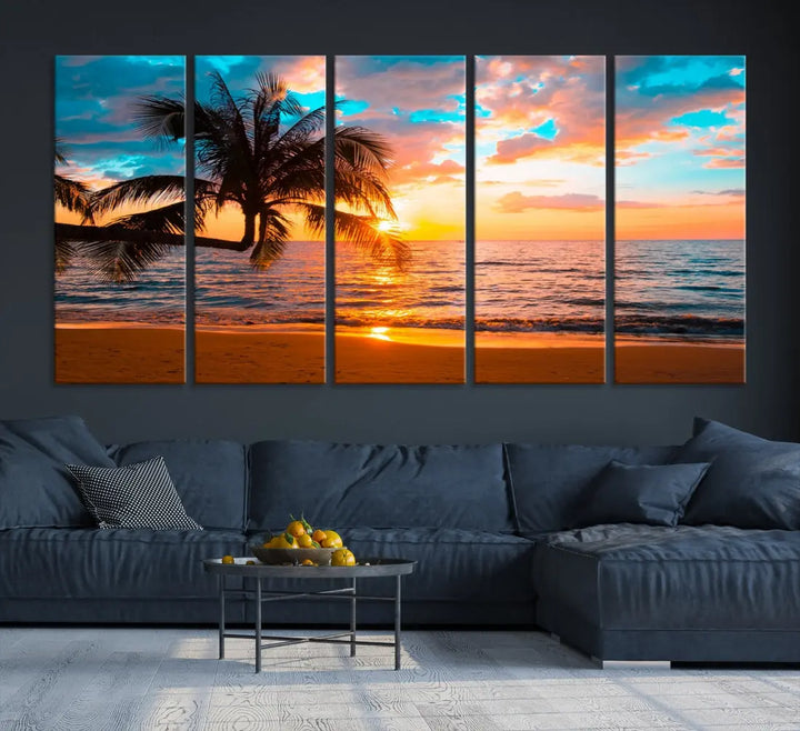 Palm Tree Sunset On The Beach Wall Art Canvas Print