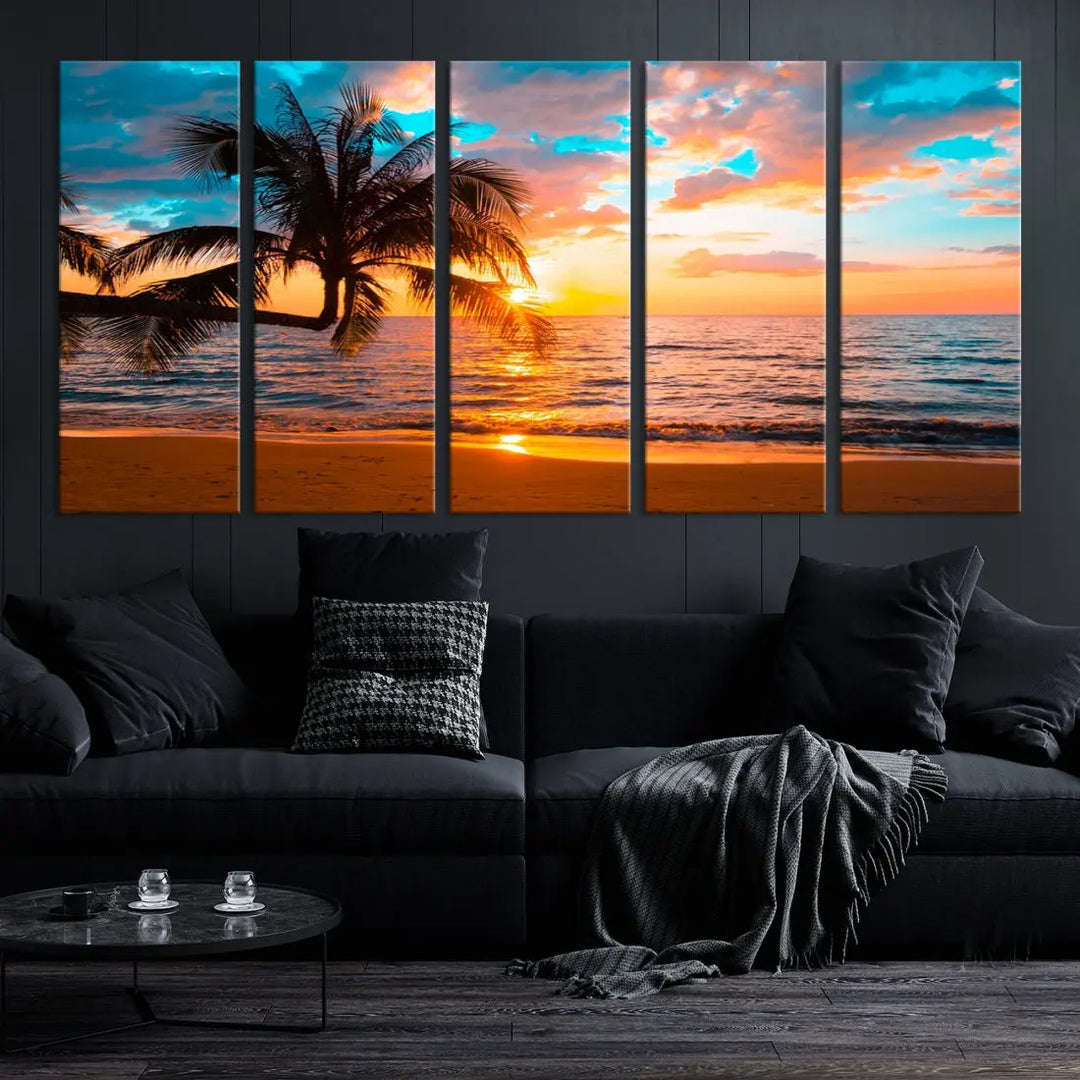 Palm Tree Sunset On The Beach Wall Art Canvas Print