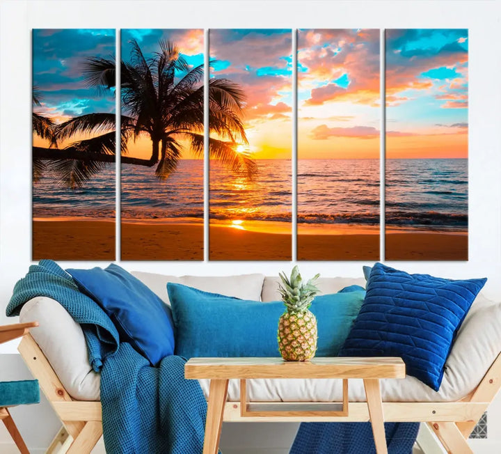 Palm Tree Sunset On The Beach Wall Art Canvas Print