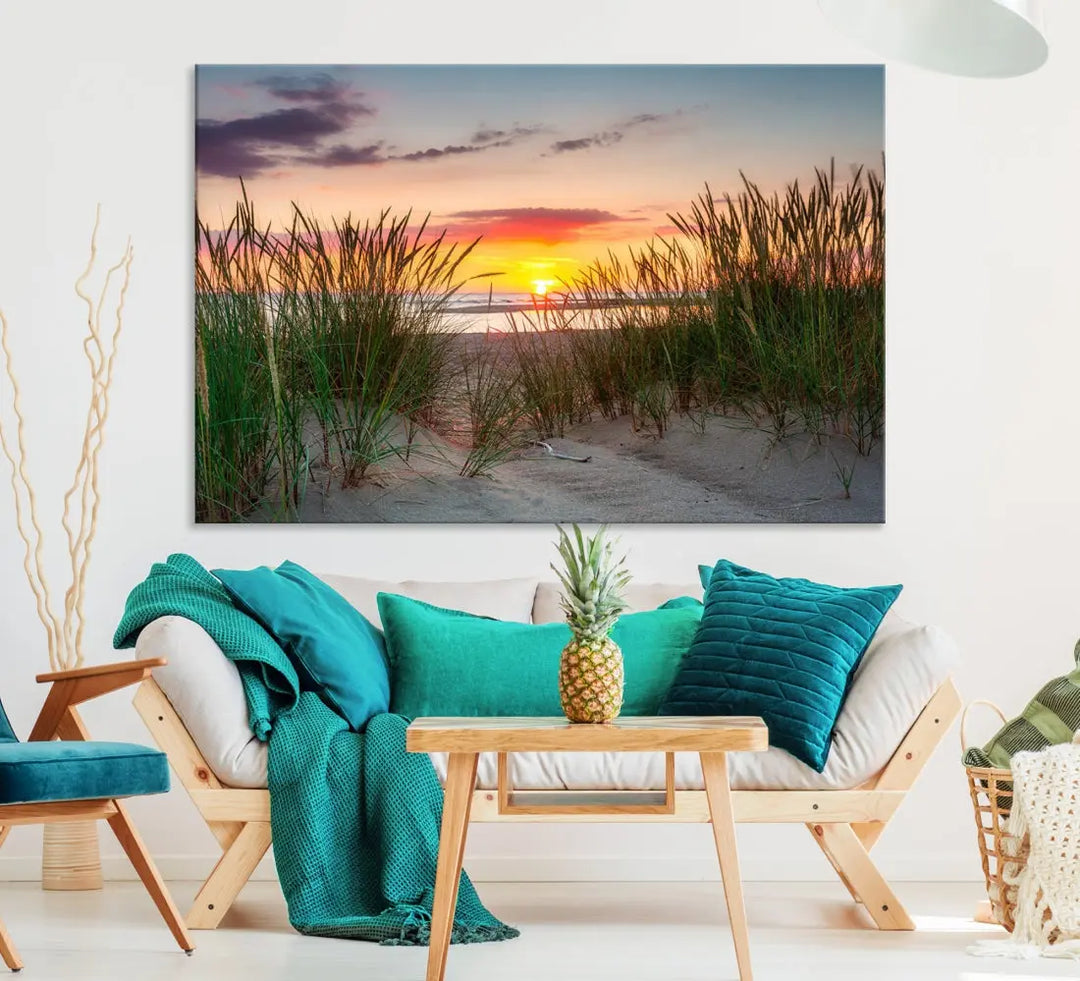 Sunset Coastal Beach Framed Large Wall Art Canvas Giclee Print