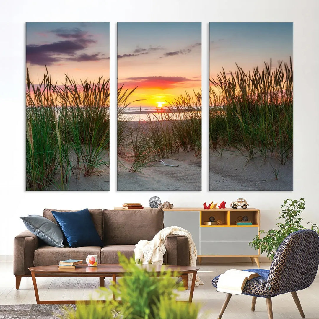 Sunset Coastal Beach Framed Large Wall Art Canvas Giclee Print