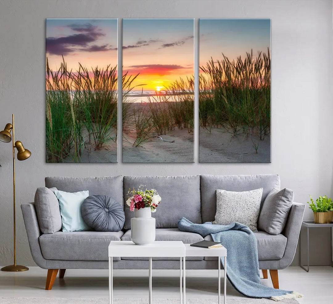 Sunset Coastal Beach Framed Large Wall Art Canvas Giclee Print