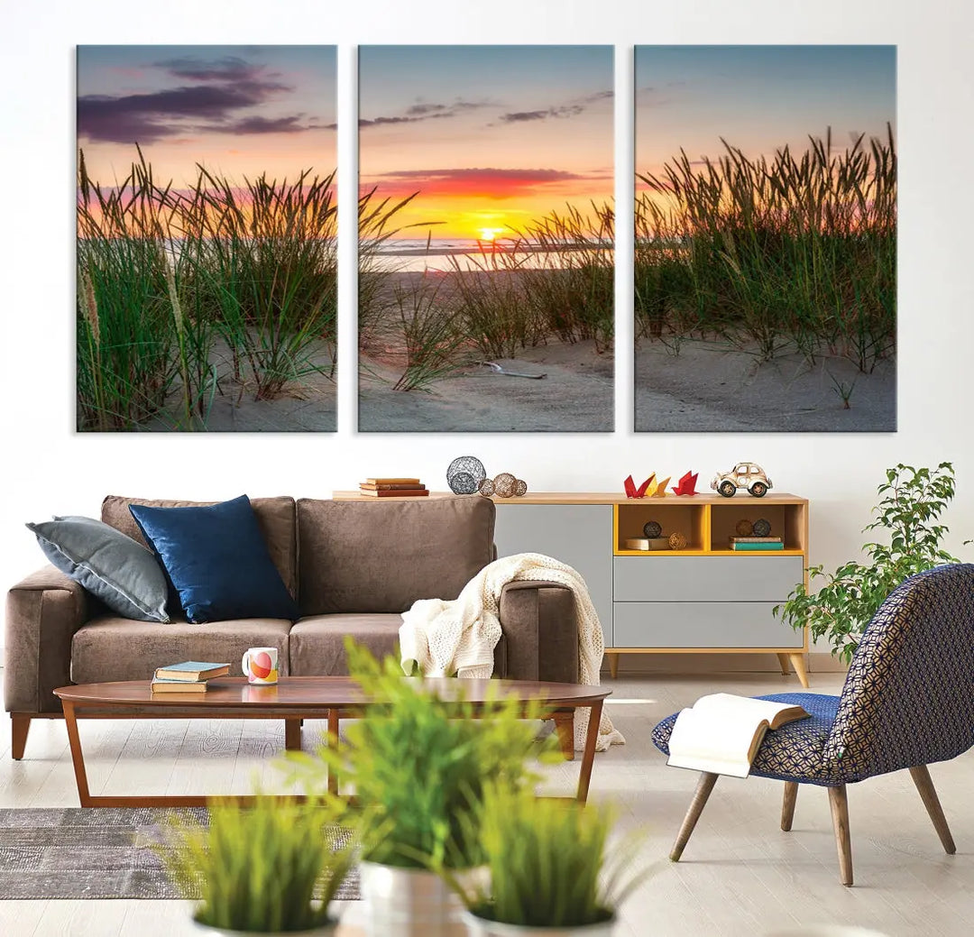 Sunset Coastal Beach Framed Large Wall Art Canvas Giclee Print