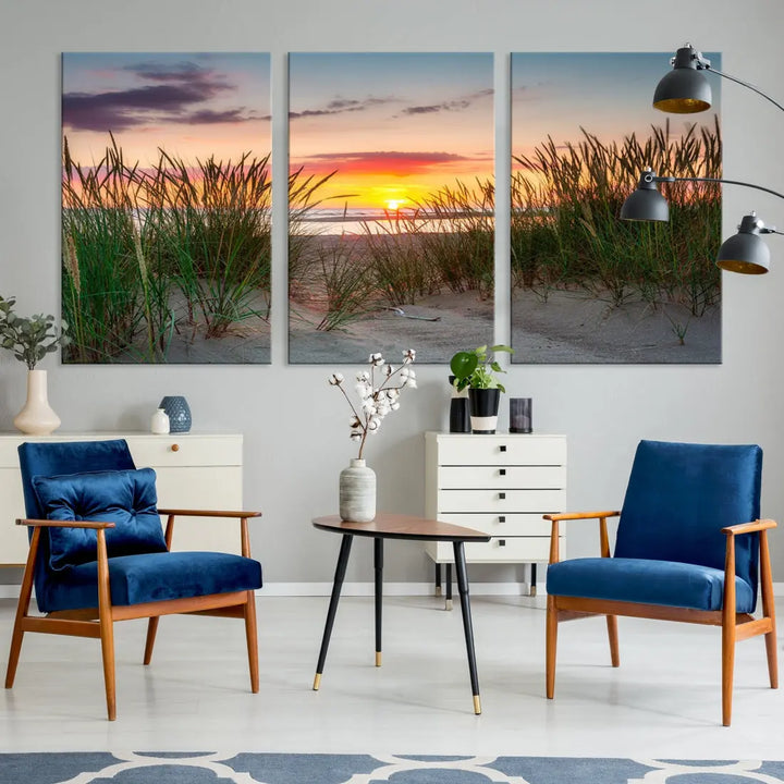 Sunset Coastal Beach Framed Large Wall Art Canvas Giclee Print