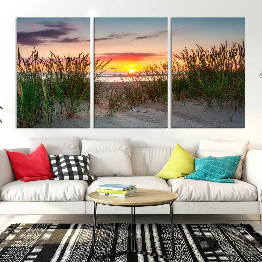 Sunset Coastal Beach Framed Large Wall Art Canvas Giclee Print