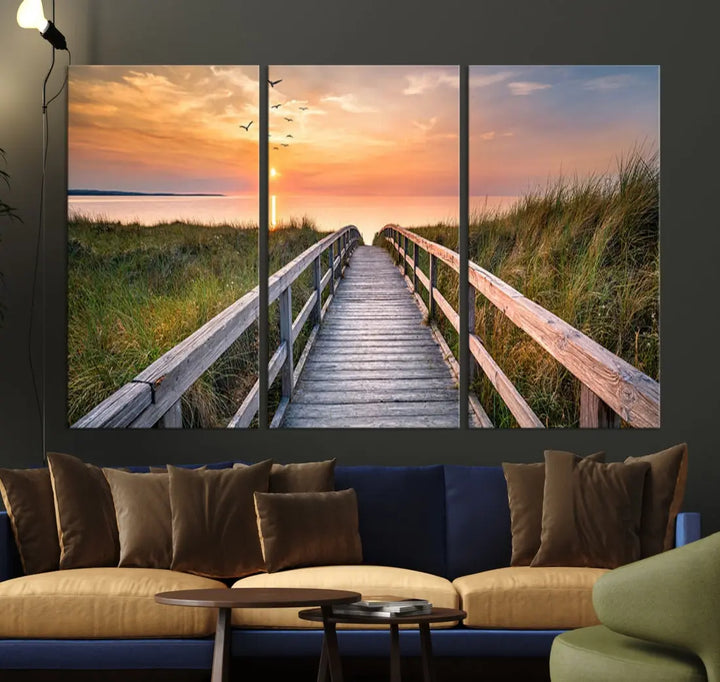 Sunset Lakeside Wooden Pier Framed Ready to Hang Large Wall Art Canvas Print