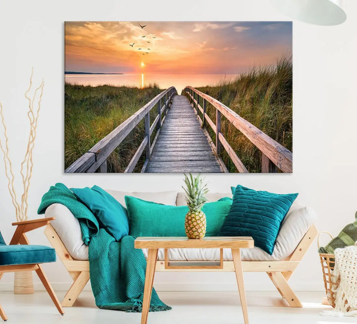 Sunset Lakeside Wooden Pier Framed Ready to Hang Large Wall Art Canvas Print