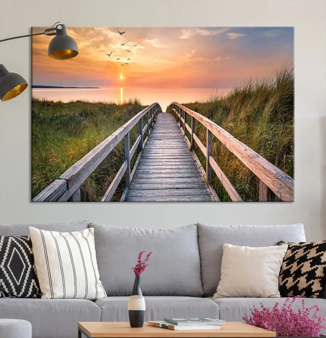 Sunset Lakeside Wooden Pier Framed Ready to Hang Large Wall Art Canvas Print