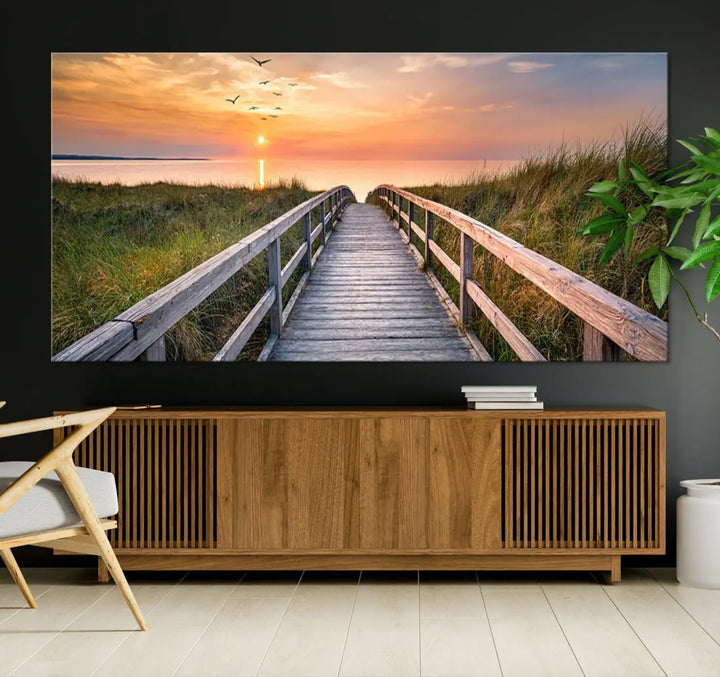 Sunset Lakeside Wooden Pier Framed Ready to Hang Large Wall Art Canvas Print