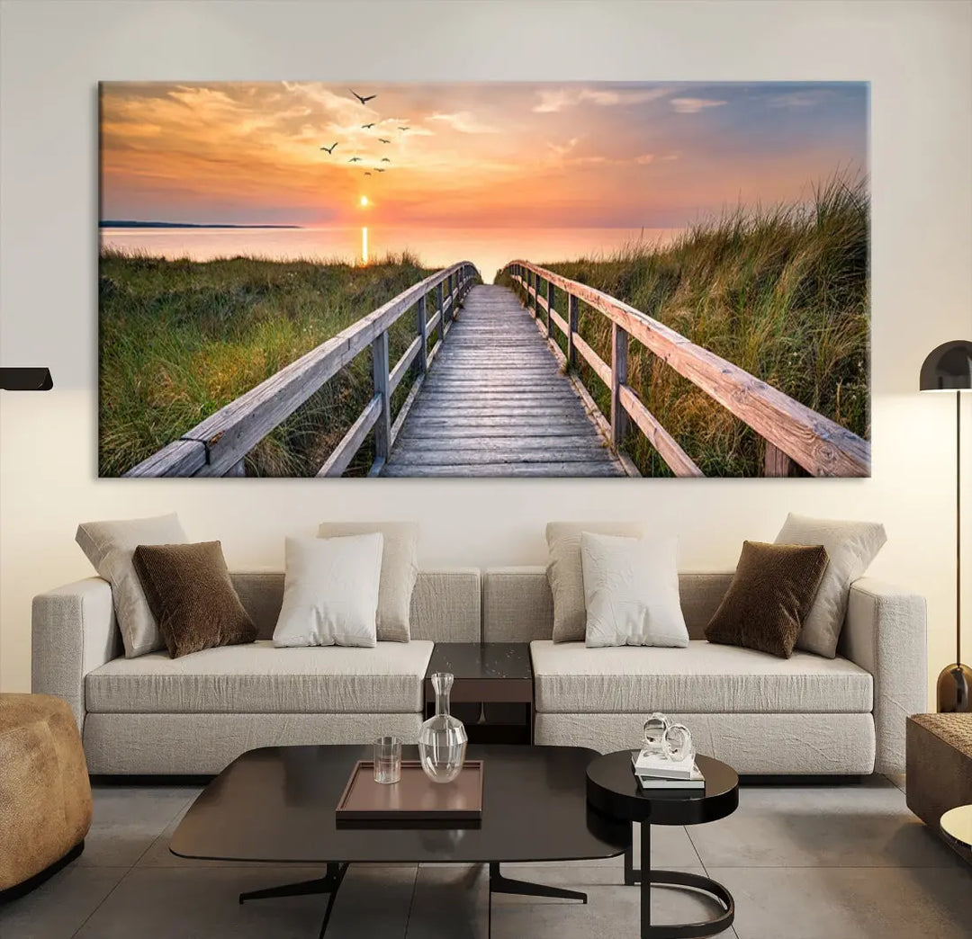 Sunset Lakeside Wooden Pier Framed Ready to Hang Large Wall Art Canvas Print