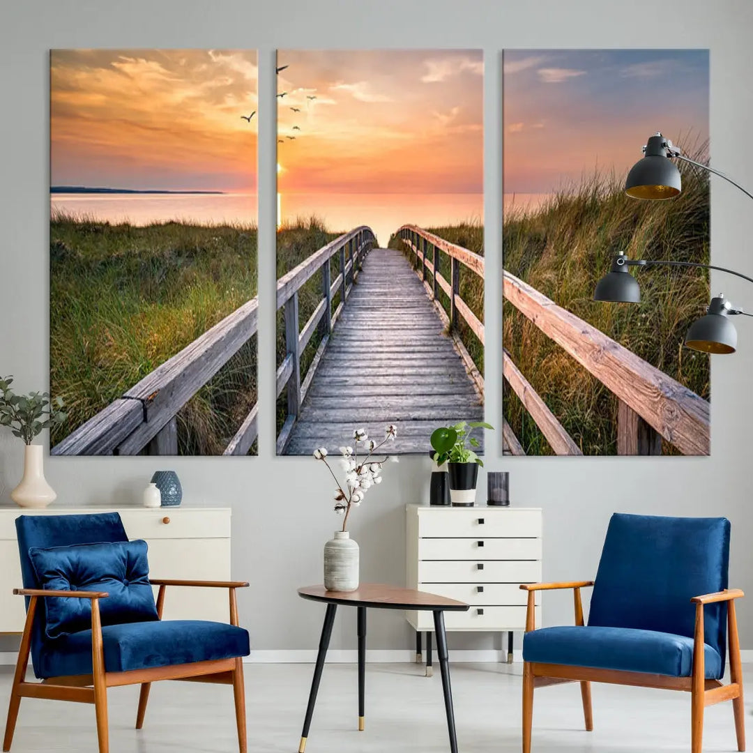 Sunset Lakeside Wooden Pier Framed Ready to Hang Large Wall Art Canvas Print