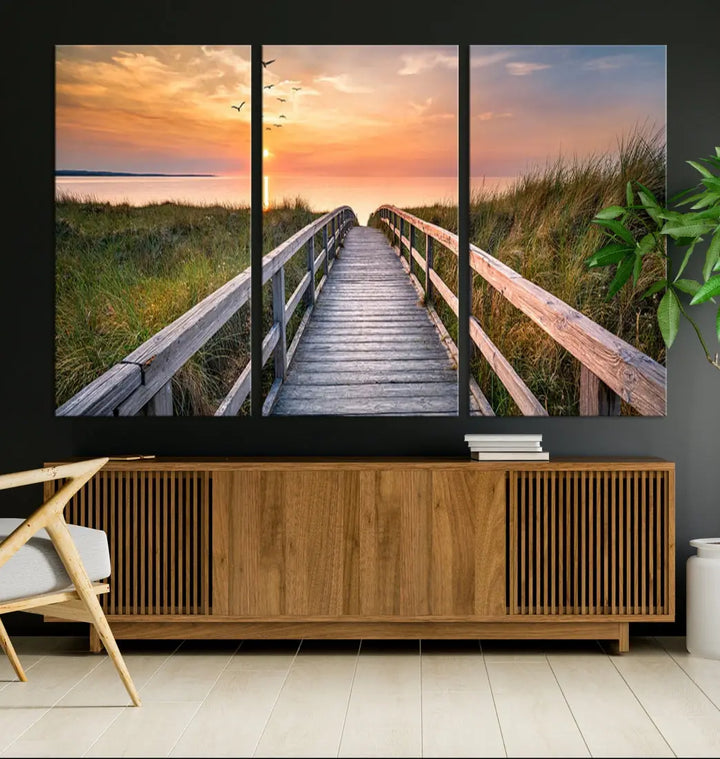 Sunset Lakeside Wooden Pier Framed Ready to Hang Large Wall Art Canvas Print