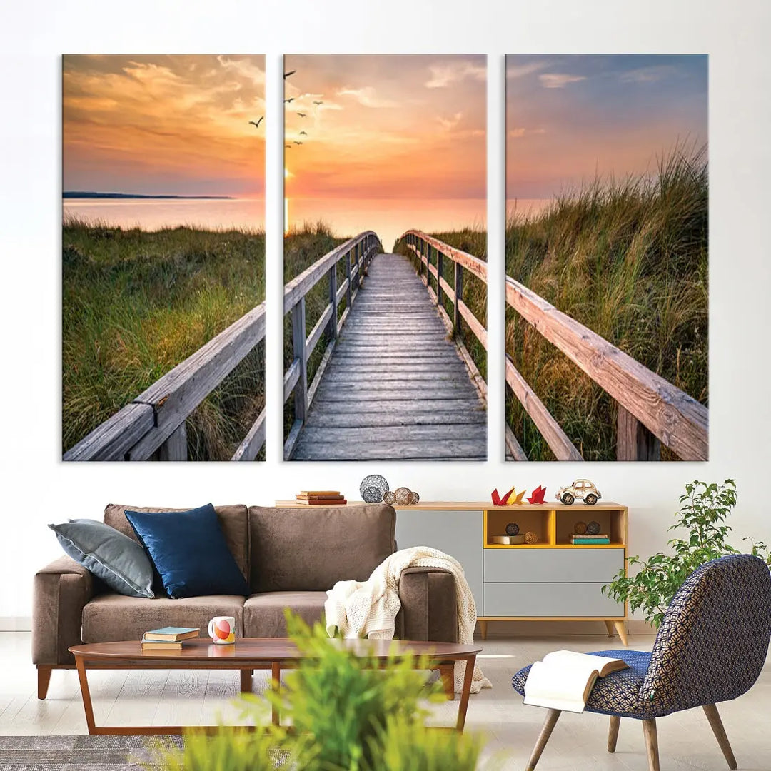 Sunset Lakeside Wooden Pier Framed Ready to Hang Large Wall Art Canvas Print