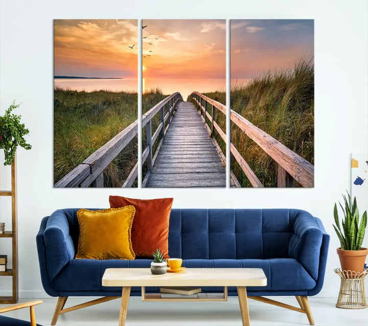 Sunset Lakeside Wooden Pier Framed Ready to Hang Large Wall Art Canvas Print