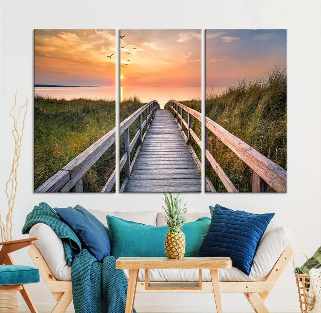 Sunset Lakeside Wooden Pier Framed Ready to Hang Large Wall Art Canvas Print