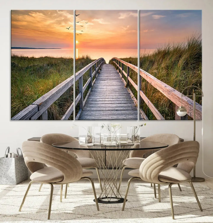 Sunset Lakeside Wooden Pier Framed Ready to Hang Large Wall Art Canvas Print