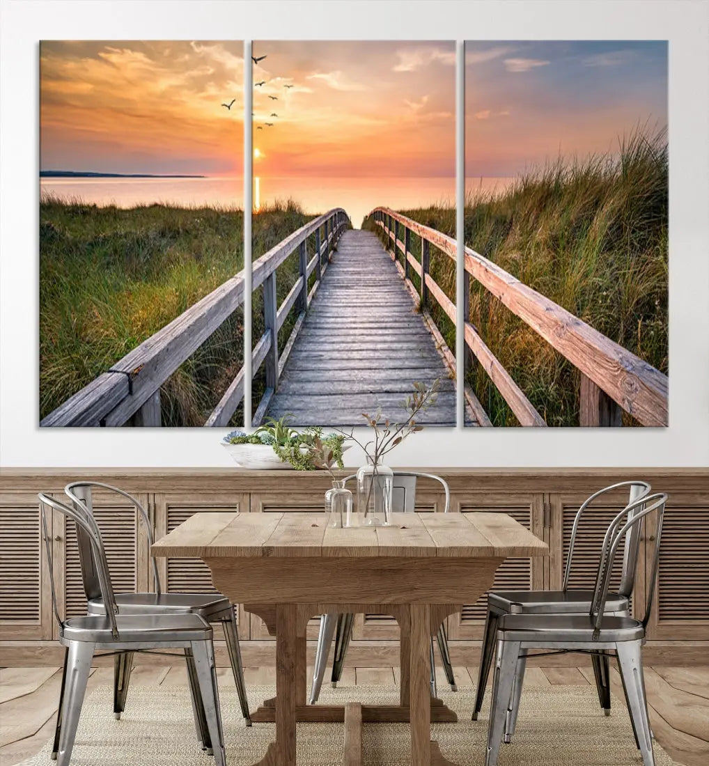 Sunset Lakeside Wooden Pier Framed Ready to Hang Large Wall Art Canvas Print