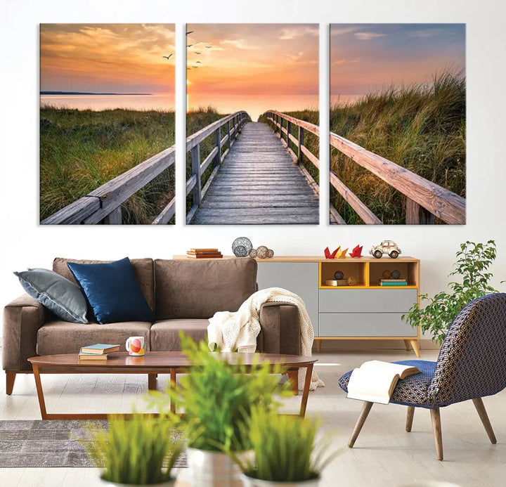 Sunset Lakeside Wooden Pier Framed Ready to Hang Large Wall Art Canvas Print