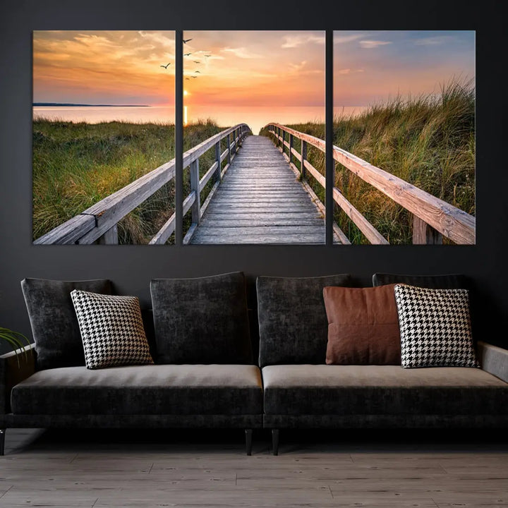 Sunset Lakeside Wooden Pier Framed Ready to Hang Large Wall Art Canvas Print